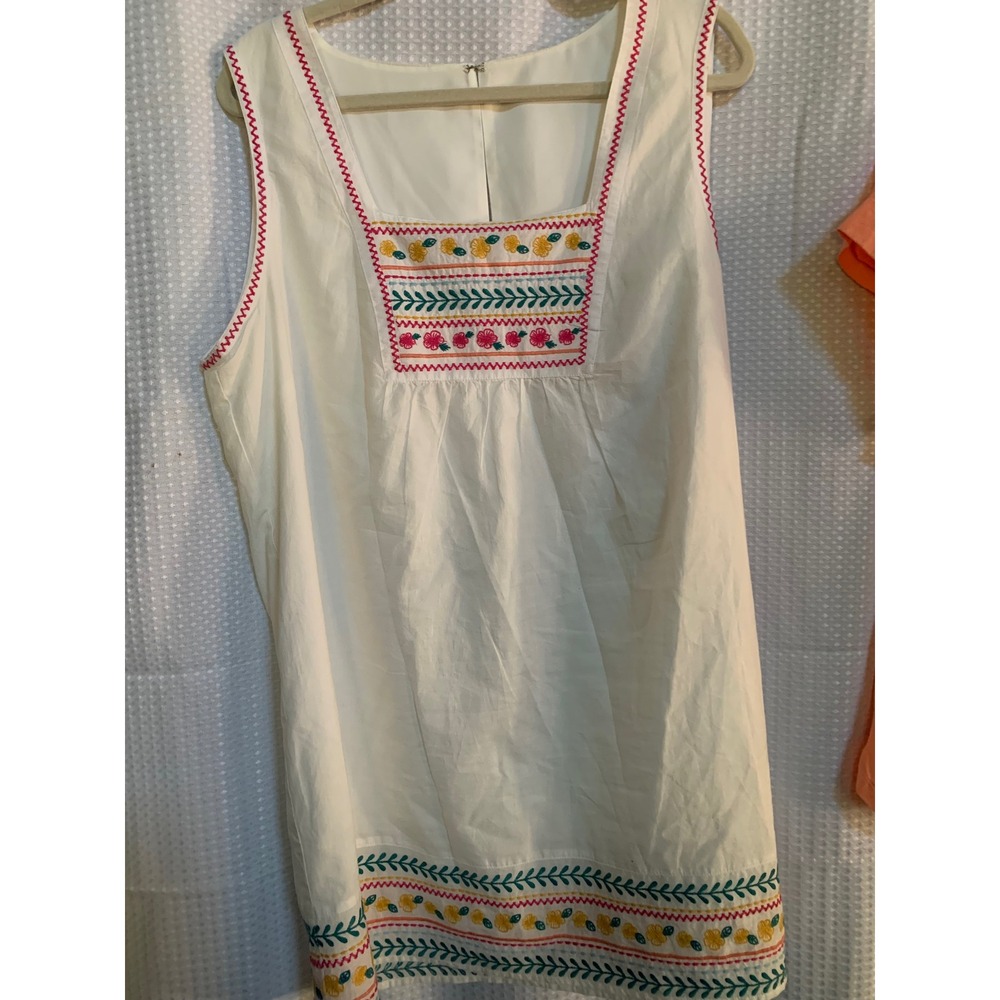White Cotton Sleeveless Shift Dress Floral Geometric Embroidery Square Neck
